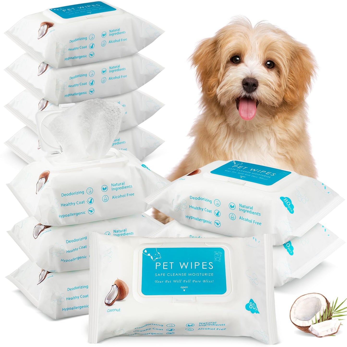 Treela 10 Packs of 800 Dog Wipes Pet Wipes Cat Grooming Supplies for Paws Butt Ear Skin Eye Body Cleaning Bath Stain Odor Remover Home or Travel Use(Coconut)