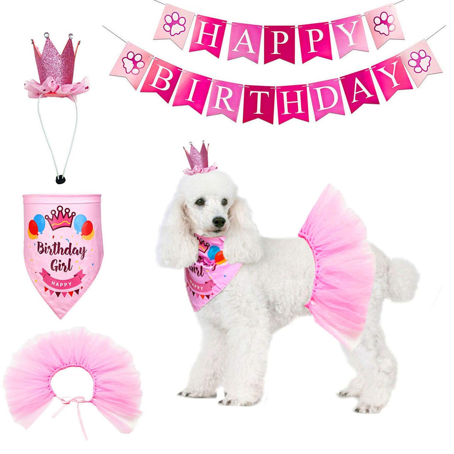 ADOGGYGO Dog Birthday Bandana Girl - Birthday Dog Party Supplies - Pink Tutu Skirt Crown Hat Scarf Happy Birthday Banner Dog Girl Birthday Outfit for Pet Girl (Pink Large)