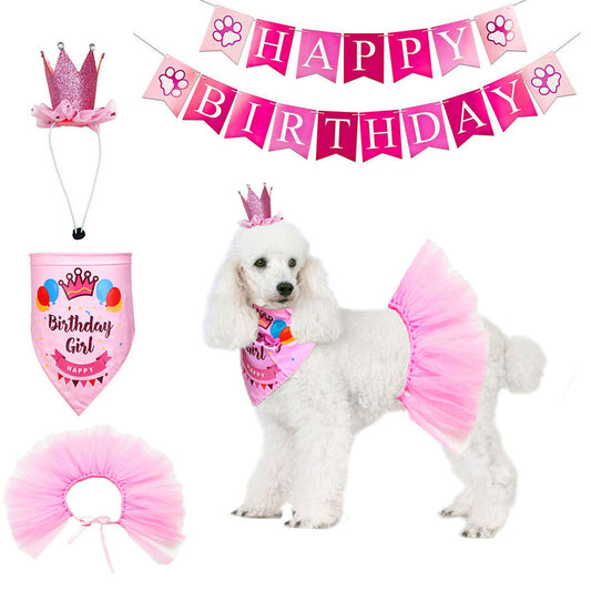 ADOGGYGO Dog Birthday Bandana Girl - Birthday Dog Party Supplies - Pink Tutu Skirt Crown Hat Scarf Happy Birthday Banner Dog Girl Birthday Outfit for Pet Girl (Pink Large)
