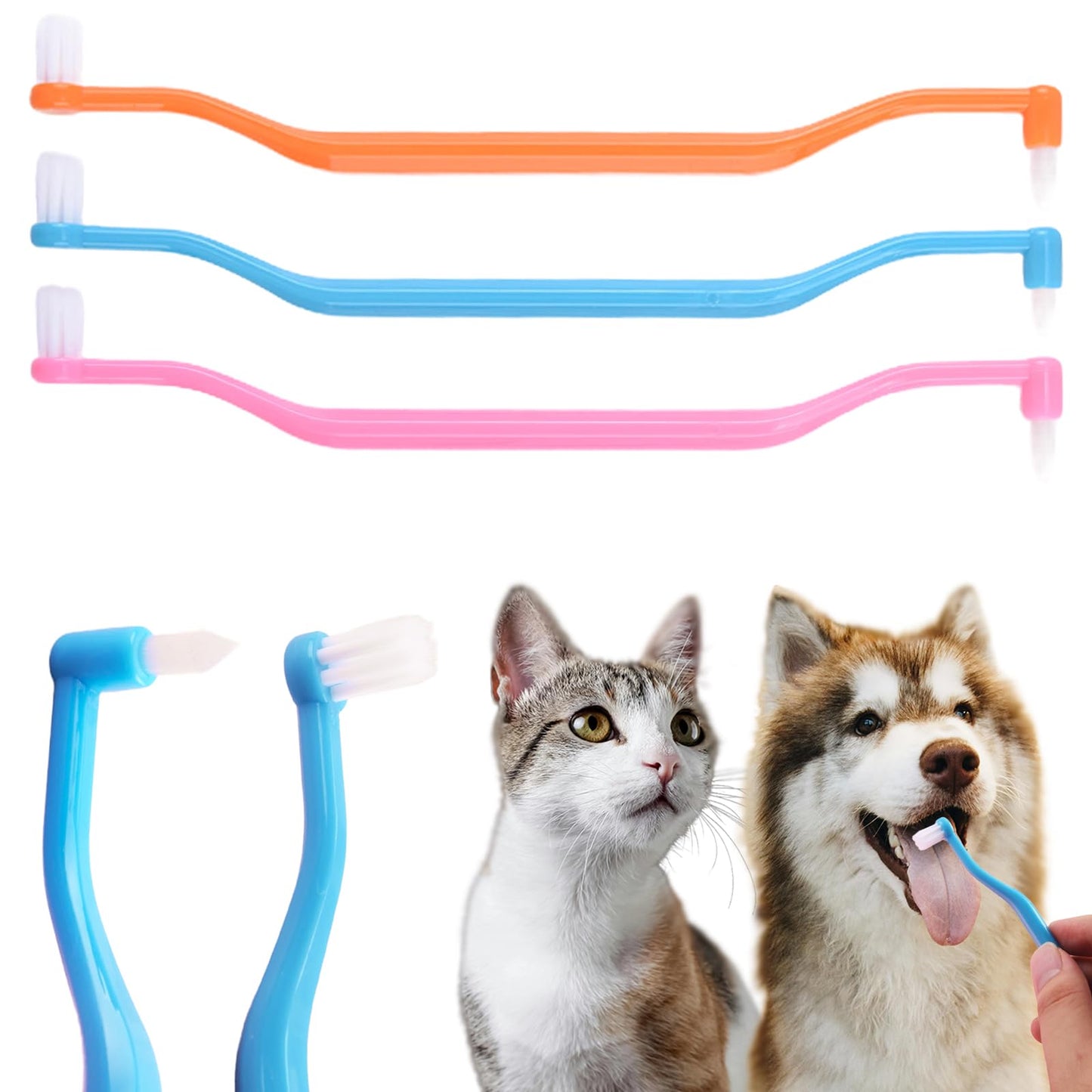NICECRAFT 3 Pcs Dual Sided Cats Dogs Toothbrushes Kitten Doggy Tooth Brush Pet Teeth Cleaning Brush with Round & Point Brush Head Curved Handle Soft Bristle Puppy Dental Care Supplies
